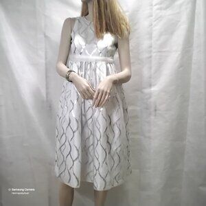 White & Silver Sequins Lined Crinoline Formal Bride's Maid Prom Dress NWOT 16